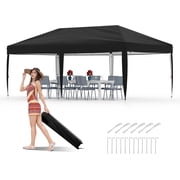 Ourlova 10x20FT Pop Up Canopy, Easy Up Camping Tent with Roller Bag, 3 Heights, 4 Weight Bags, Black