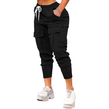 Womens Cargo Capris, Lightweight Athletic Drawstring Elastic Waist Jogger Sweat Pants Cropped Hiking Pants with Pockets Ladies Hiking Shorts Black S