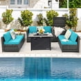 thumbnail image 3 of Gymax 9 PCS Patio Rattan Furniture Set Fire Pit Table Storage Black W/ Cover Turquoise, 3 of 10