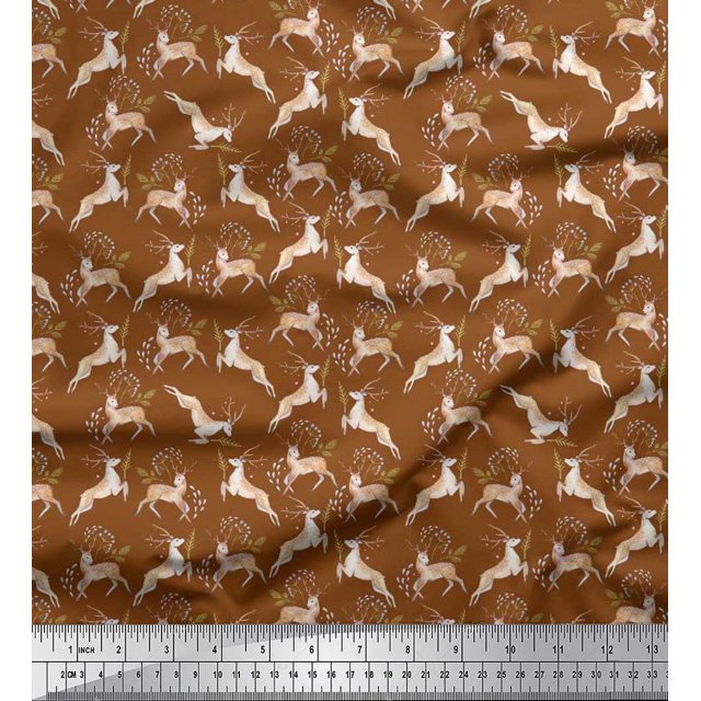 Soimoi Rayon Fabric Leaves & Reindeer Animal Printed Fabric 1 Yard 56 Inch Wide