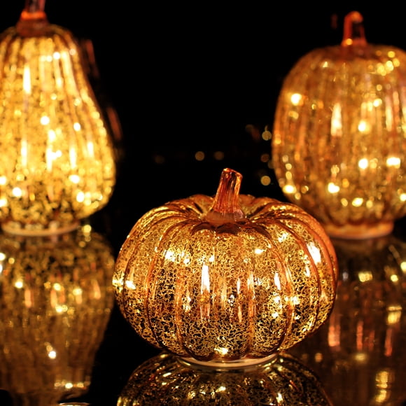 Night Glass Pumpkin Lantern | 5.5 Inch LED Light Up Fall Decor with Timer Function | Battery Operated Fire-Free Halloween Pumpkin Ornament for Home Thanksgiving Christmas Decoration