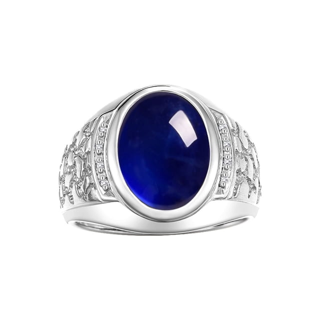 RYLOS Men's Rings 14K White Gold Nugget Ring with Cabochon Gemstone & Diamonds Sapphire Rings For Men Size 9