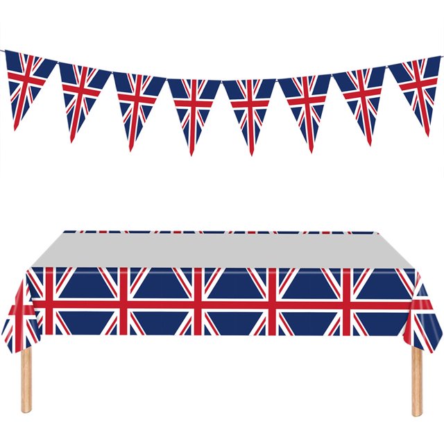 AMERTEER Union Jack Tableware Tablecloth/Paper Plates/ Napkins / Cups / Spoons / Fork / Triangle Flags Banner Dinnerware ,2 tablecloths