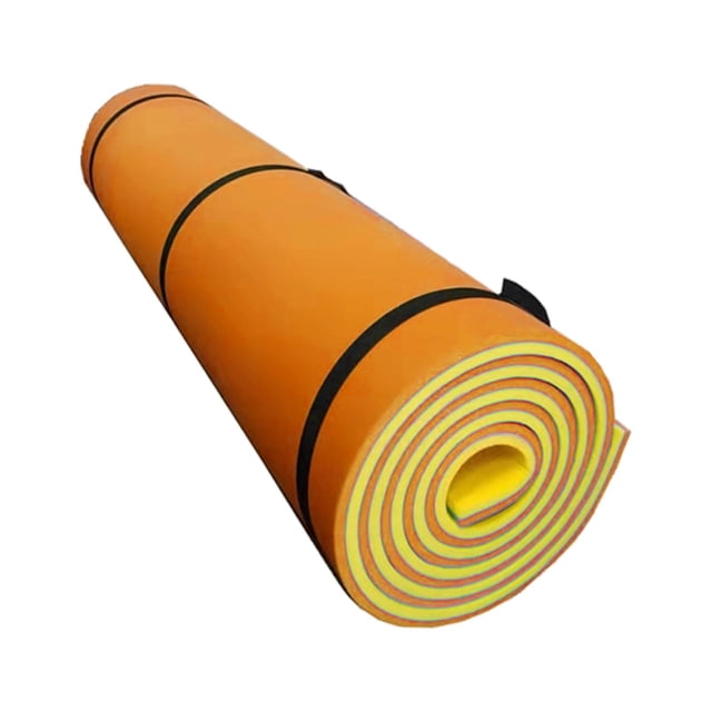 Water Floating Mat, Lounge Mattress Floating Raft for Pool in orange and yellow, made of durable XPE material. Unsinkable and foldable design with smooth, soft surface for comfort. Measures 180cmx55cmx2.2cm, ideal for pools, lakes, beaches, and water parks.