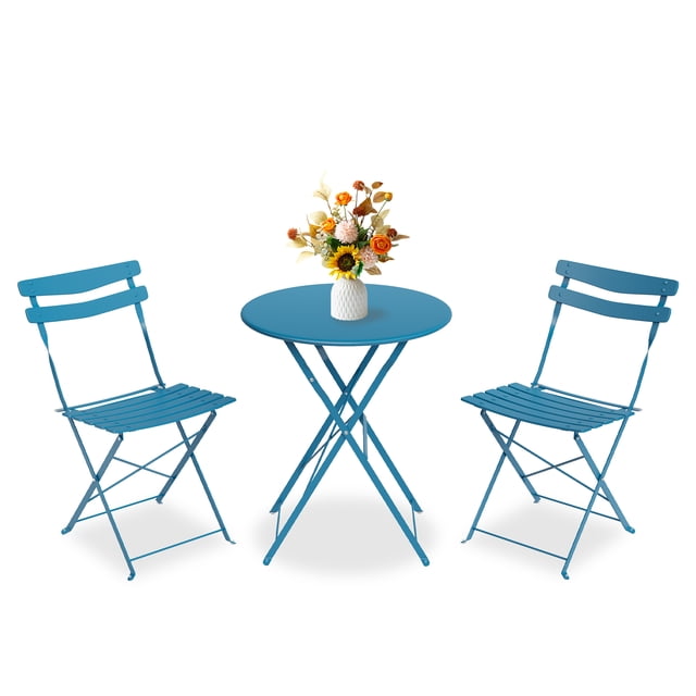 Gaderth Ensemble Bistro Pliant de Patio 3 Pcs, Table Bistro Extérieure en Métal et Chaises avec Table Ronde, Mobilier de Patio Compact pour Balcon, Véranda, Terrasse, Jardin, Appartement et Petits Espaces