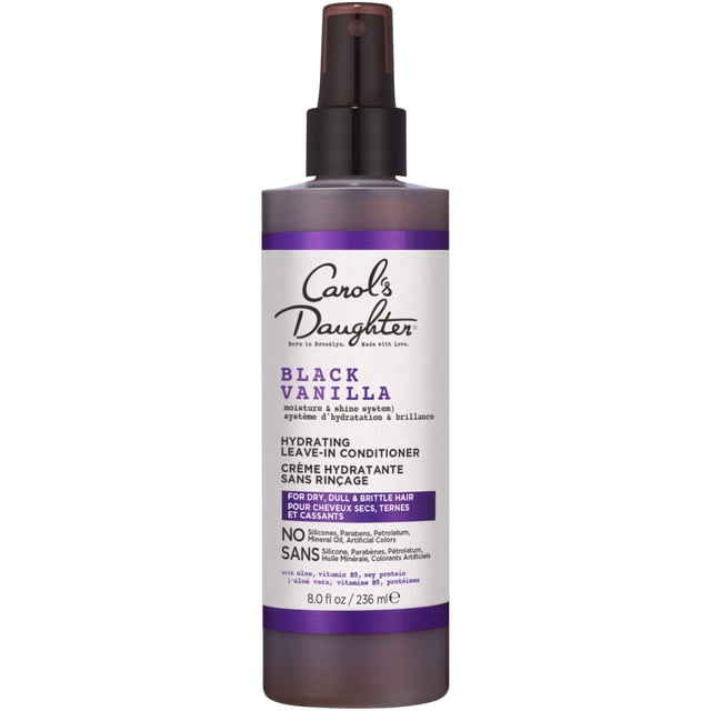 Carol's Daughter Black Vanilla Moisturizing Leave in Conditioner in an 8 fl oz (236 ml) translucent purple spray bottle with black spray cap, formulated for dry, dull, and brittle hair, free from silicones, parabens, petrolatum, mineral oil, and artificial colors, suitable for daily use to hydrate and strengthen hair.