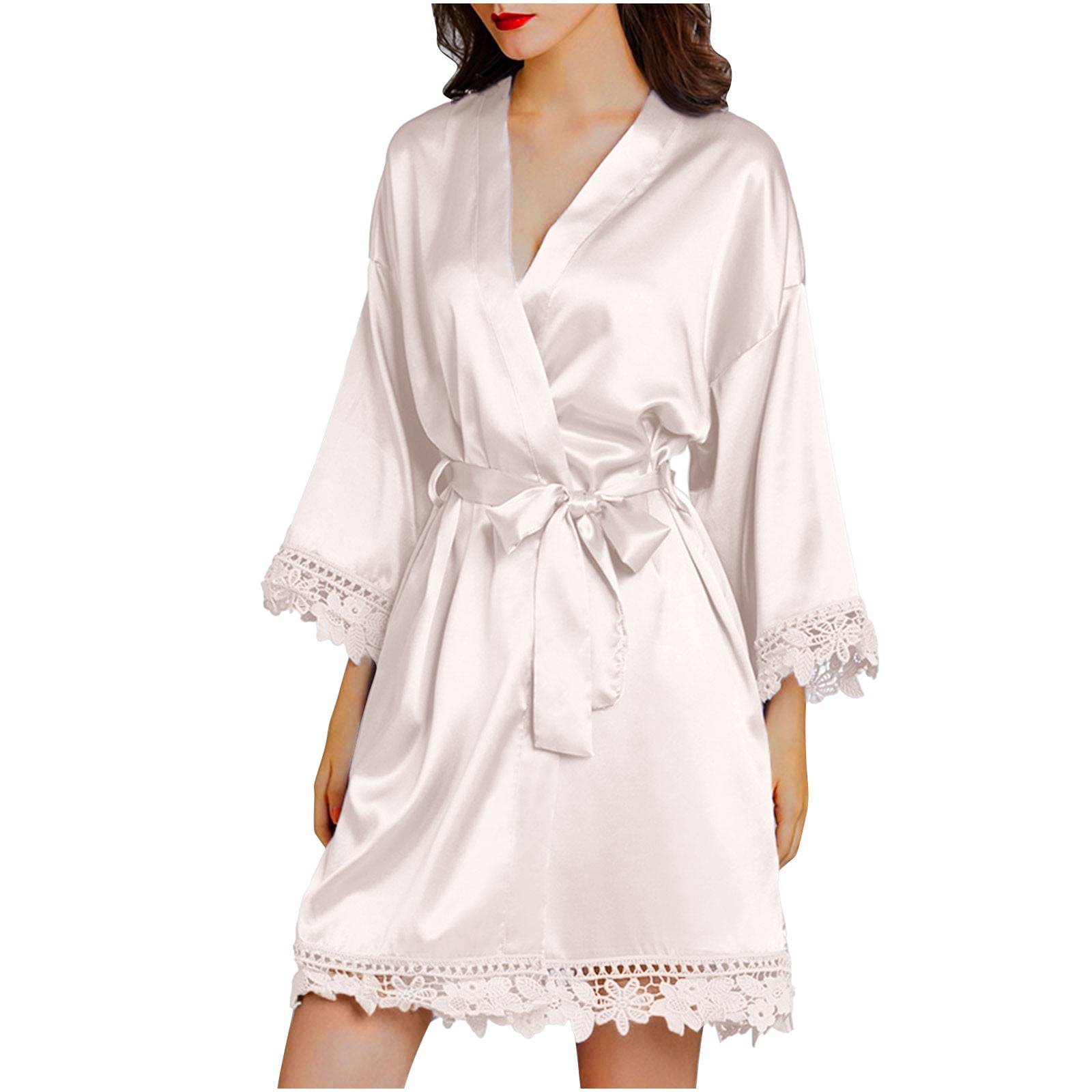 Leutsin Women's Silk Robe Satin Robe With Lace Sleeve Trim,bridal Party Robe Bridesmaids Robes Bride Robe For Wedding Day With Oblique V-Neck Winter