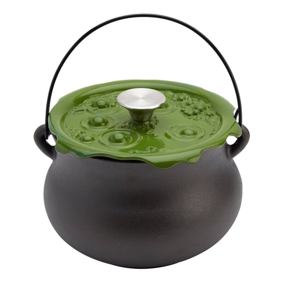 2026 New Halloween Cast Iron Cauldron Pot, Witches Cauldron with Green Bubbling Lid, Witch's Brew Themed Cauldron Pot, Dual‑Use for Cooking and Halloween Tabletop Decoration