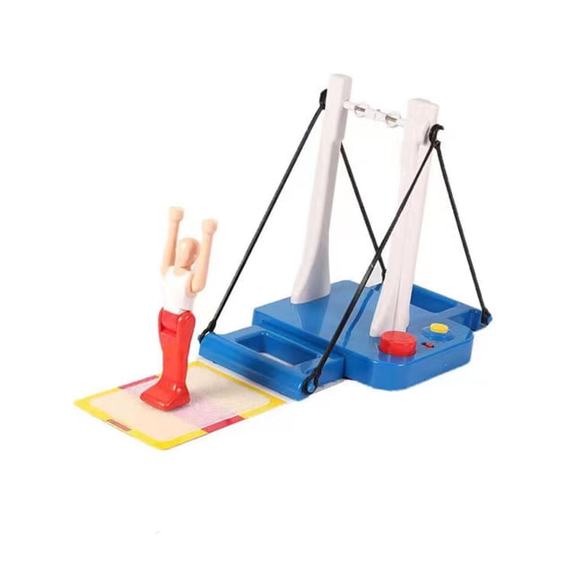Pompotops Gymnastics Horizontal Bar Little Toy Flip Gymnastics Machine Game, a children's desktop toy featuring a gymnast figure on a landing pad with scoring zones, a blue base with control buttons, and a white horizontal bar supported by ropes. Ideal for gymnastics-themed challenges and practice timing skills.
