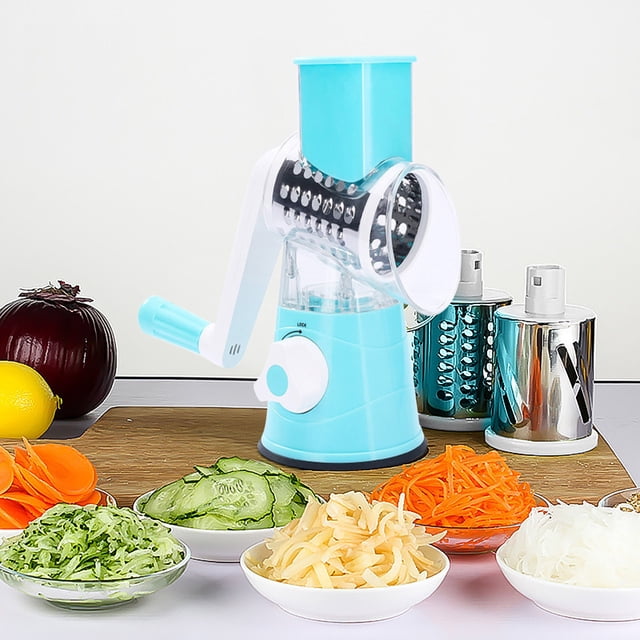 Meitianfacai Râpe à Fromage Rotative, Râpe à Fromage Manuelle avec Poignée, Trancheuse de Légumes Portative Déchiqueteuse de Fromage avec Base Antidérapante, 3 Lames de Tambour en Acier Inoxydable Incluses, Facile à Utiliser et à Nettoyer