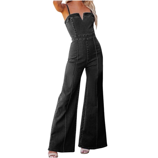 hoksml Women's Denim Jumpsuit Summer Washed Blue Suspender Overalls Tight Slightly Flared High Elastic Pants Rompers 2025 on Clearance