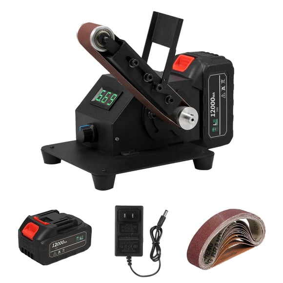 Ensemble de Mini Ponceuse à Courroie Sans Fil 350W avec Batterie 2400mAh, Vitesse Réglable, Fini Noir, Prise US, Comprend 10 Courroies Abrasives et Chargeur, Idéal pour Polir et Meuler