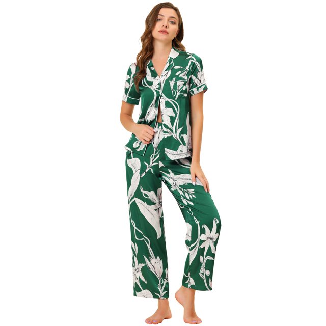 INSPIRE CHIC Ensemble de Pyjama en Satin pour Femme Soie Floral Manches Courtes Haut et Pantalon 2 Pcs Pyjamas TP Vert