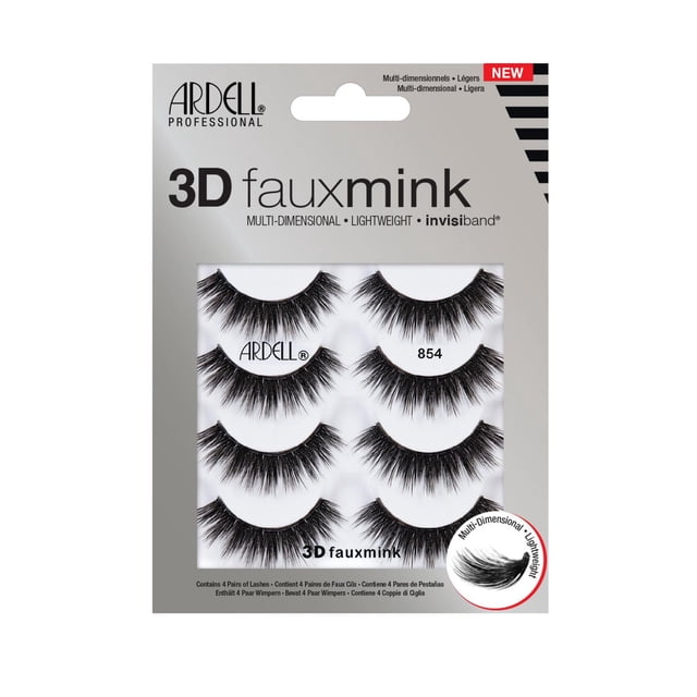 Ardell Multipack 3D Faux Mink 854 - 4 Pairs of black false eyelashes featuring multi-dimensional, lightweight faux mink fibers and a knot-free invisiband for comfortable, seamless wear, displayed in retail packaging with brand details, ideal for enhancing eye makeup.