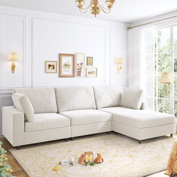Mjkone L Shaped Sectional Couch,Linen Fabric Sectional Sofa with Chaise,Oversized Couches and Sofas for Living Room (Beige-Right)