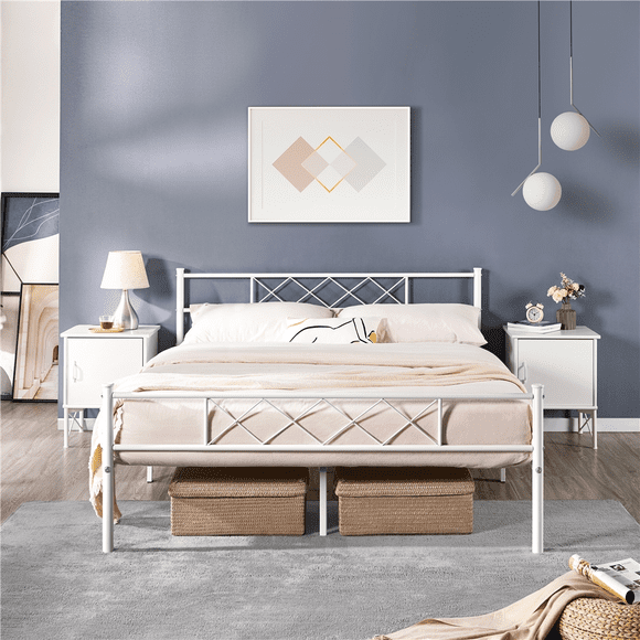 Fullfurnique Simple Metal Platform Bed Frame with Headboard and Footboard, Queen, White