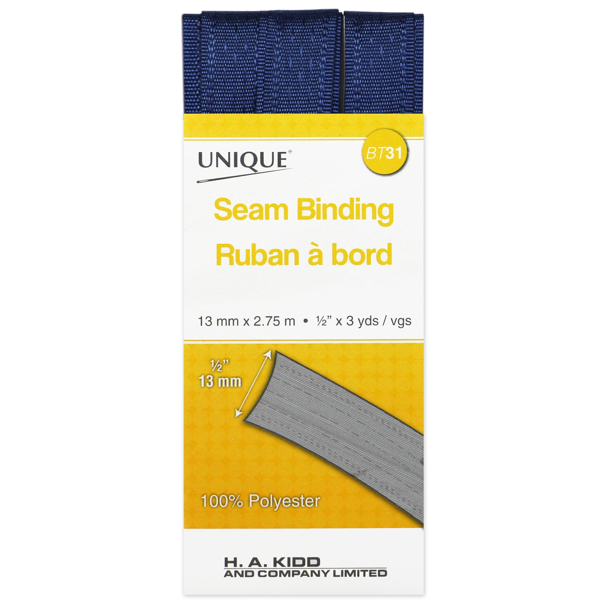 Unique Seam Binding, 14 mm (0.55 in), Navy Blue (Rayon), 2.75 m (3.01 yd)