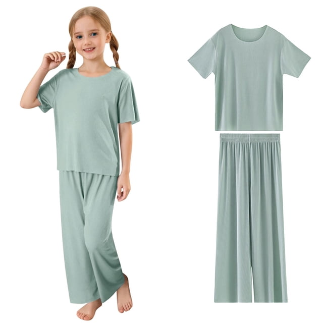 Hiiyo Little Girls Pajamas Soft Ribbed Short Sleeve T-Shirt Pants Loungewear, Sizes 1-15