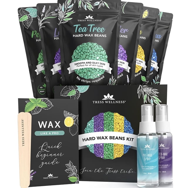 Tress Wellness kit de Perles de Cire Dure pour Peau Sensible, Comprenant six Sacs de 3,5 Oz de Perles de Cire aux Parfums Lavande, Citron, eucalyptus, Arbre à Thé et Menthe Poivrée. Comprend des Vaporisateurs Pré-Cire et après-Cire (3,4 Oz Chacun), 20 Grandes Spatules, 10 Petites Spatules et un guide d'Épilation pour Débutants. Testé Dermatologiquement et Sans Cruauté, Convient à l'Épilation Brésilienne, des Lignes de bikini, des Jambes et du Visage. Emballé dans une Boîte Compacte avec une Image de Marque Vibrante.