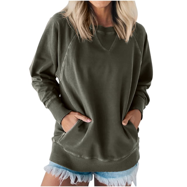 Timegard Womens Crewneck Sweatshirts Loose Comfy Drop Shoulder Long Sleeve Pullover Tops with Pockets