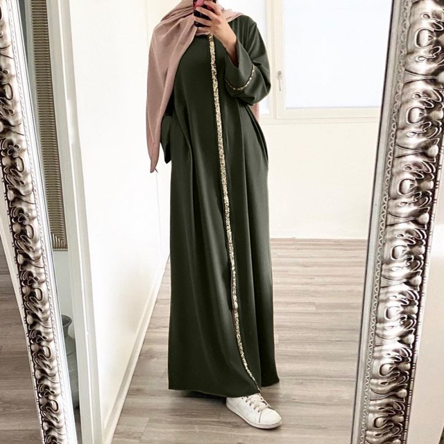 Robes d'Été pour Femmes 2025 Couleur Unie Manches Longues Bouffantes Col Rond Maxi Robe Décontractée Musulmane Verte m