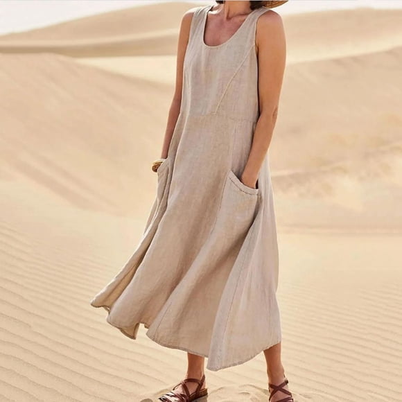 zanvin summer dress for women Holiday Item, Women's Summer Fashion Casual Solid Color Sleeveless Cotton Linen Long Dress for wedding guest