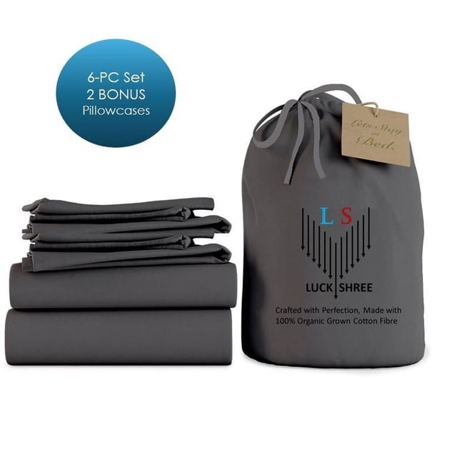 6-PC Twin Organic 1000-TC Cotton Sheet Set - 18" Deep Pockets with 4 Pillowcases - Dark Grey