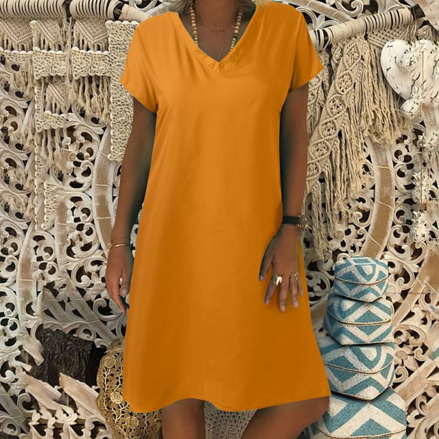 WILLBEST Robe d'Été Formelle pour Invité de Mariage d'Automne Dresses Robe en Lin pour Femmes Dresses Décontractée Col en V Robe Midi Manches Courtes Robe Ligne A Robe de Plage Sans Accessoires
