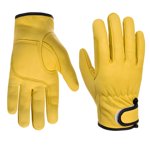 Men's winter leather work gloves, warm thin lining, suitable for working in cold weather, insulated work gloves, with leather palms, yellow-M 1 pair