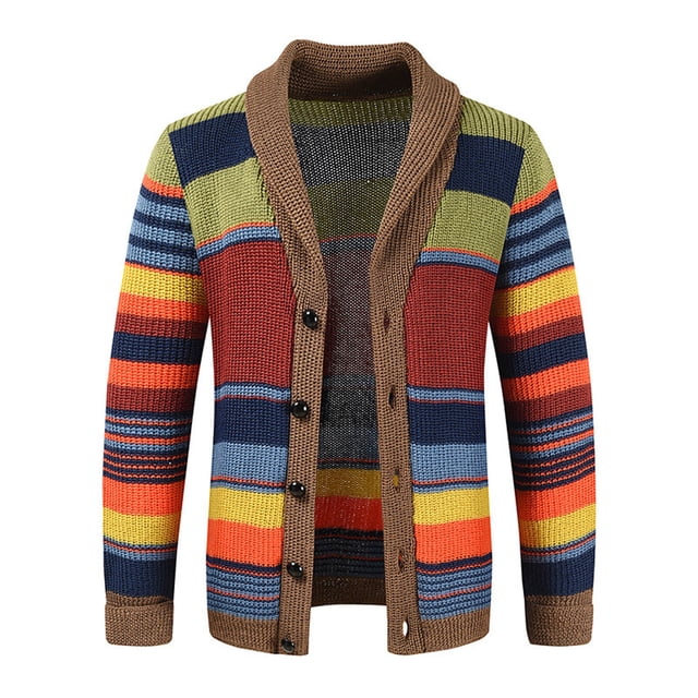 fartey Cardigans pour Hommes en Tricot à Col Châle, Boutonné, à Blocs de Couleur, Manteau à Rayures à Manches Longues, Douillet et Chaud. Vue Frontale d'Un Cardigan Rayé pour Homme avec Col Châle, Fermeture à Boutons et design à Blocs de Couleur Vibrants en Nuances de Brun, Vert, Bleu, orange et Jaune. Fabriqué en polyester, Coton et nylon, le Tissu Tricoté Offre une Sensation Chaude et Douillette. Idéal pour les occasions Décontractées Ou Semi-Formelles, Ce Chandail pour Homme P'Agence Bien avec des jeans Ou des Pantalons.