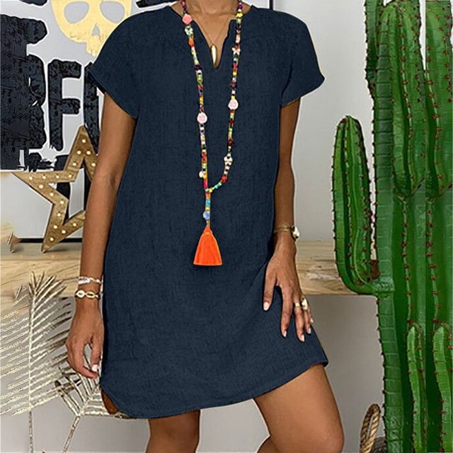 HKEJIAOI Robe Femme Femme Manches Courtes Col en V Décontractée Chaude Vacances Couleur Unie Mini Robe Droite Économies Liquidation Bleu Foncé
