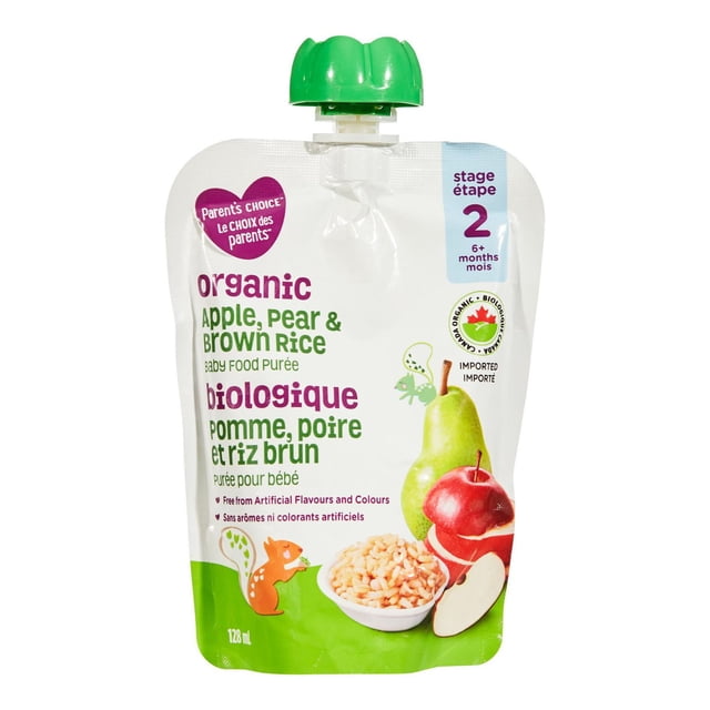 Parent’s Choice Organic Apple, Pear & Brown Rice Baby Food Purée pouch with green twist cap, bilingual English and French text, images of pear, apple, and brown rice bowl, labelled stage 2 for 6+ months, free from artificial flavours and colours, Canada Organic certified and imported.