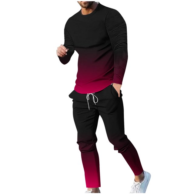 Birdeem Shirts for Men Men Casual Round Neck Gradation Printing Long Sleeve Blouse and Pants Trousers Suit