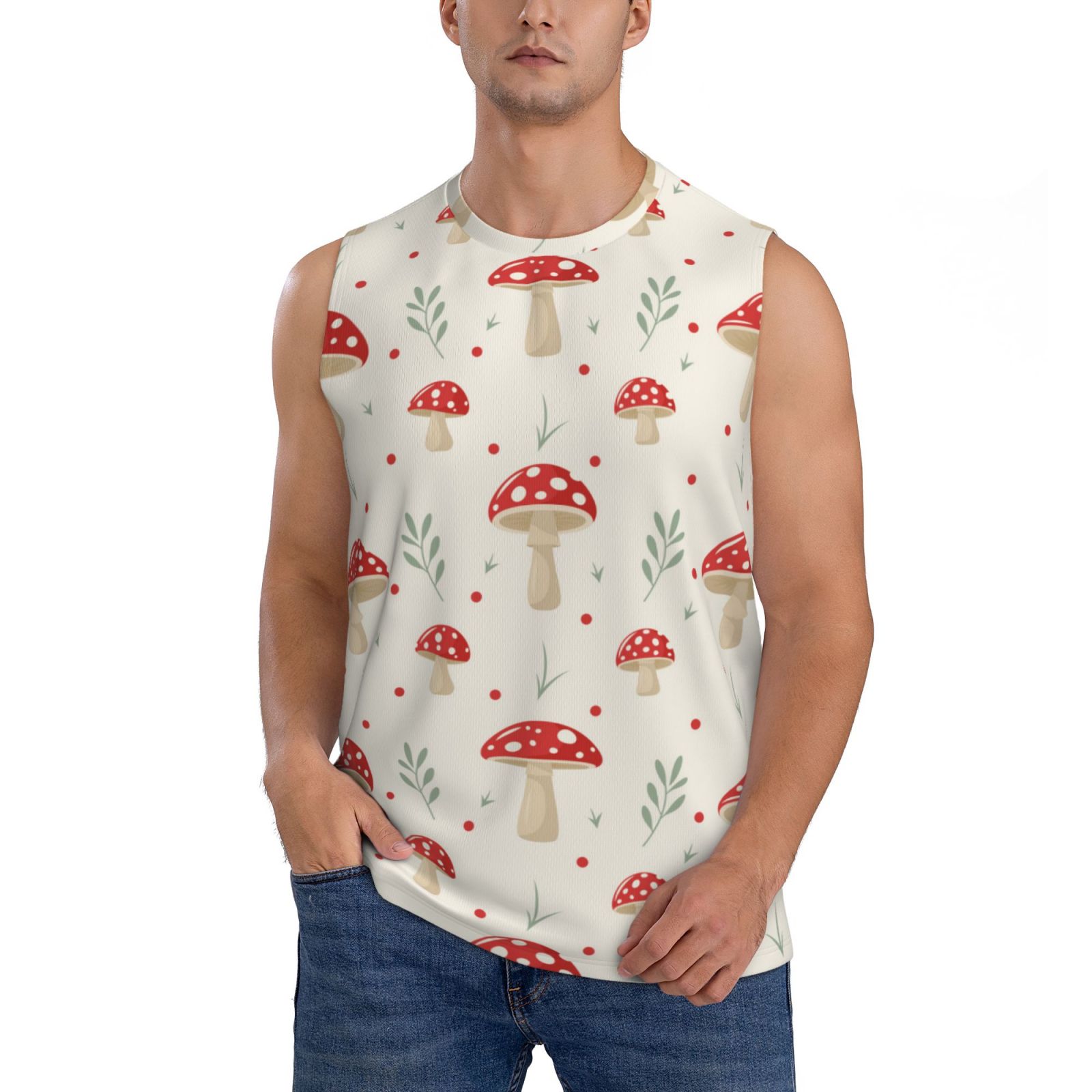KLL Mushroom Print Workout Tank Tops Gym Sleeveless Fitness Muscle Tee-Small