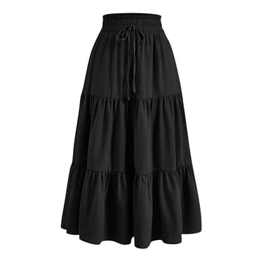 Amzcrzy Skirts for Women Casual Solid Color Maxi Skirt Trendy Elastic Waist Drawstring Long Skirts for Women Pleated Tiered Flowy Summer Skirts
