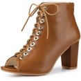 thumbnail image 1 of Unique Bargains Bottines à Talon Épais à Bout Ouvert à Lacets devant pour Femme Brun (Taille 7), 1 of 7