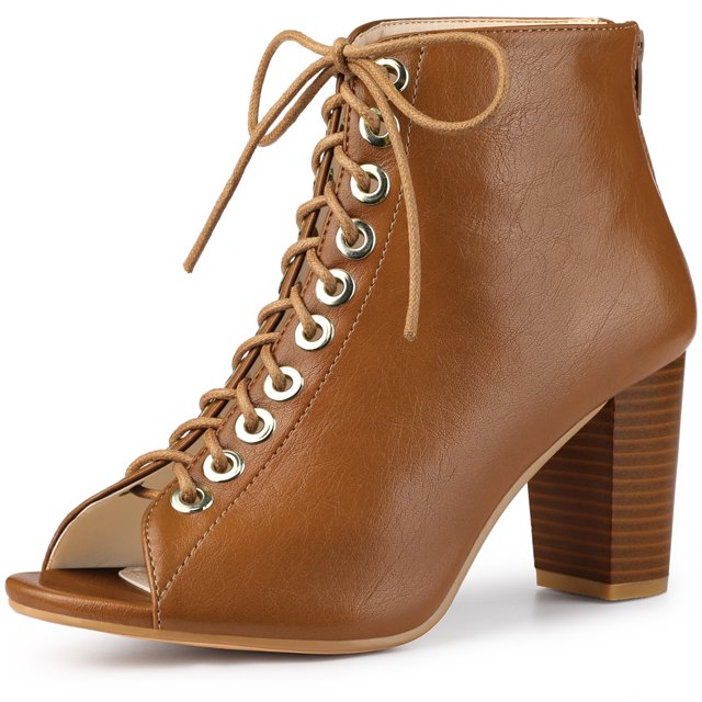 Unique Bargains Bottines à Talon Épais à Bout Ouvert à Lacets devant pour Femme Brun (Taille 7)