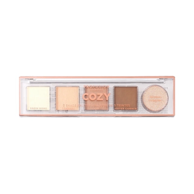 PROFUSION COSMETICS 5 Shade Eyeshadow Palette Cozy featuring four neutral shades in a clear rectangular case, including matte cream, beige, medium brown, and shimmery champagne, ideal for versatile day to night eye looks and travel use.