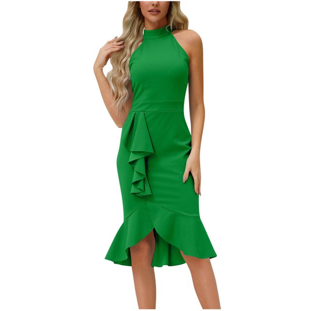 FAIWAD Robe Crayon d'Été Sans Manches pour Femme, à Volants, Décontractée, Ligne A, Ajustée, Extensible, Robe d'Invitée de Mariage