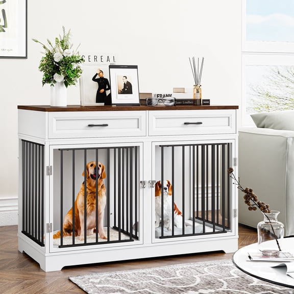 Homfa Meuble Cage pour Chien avec 2 Tiroirs, Table Cage Intérieure en Bois de 47,2 Po pour Chien avec Séparateur, Blanc