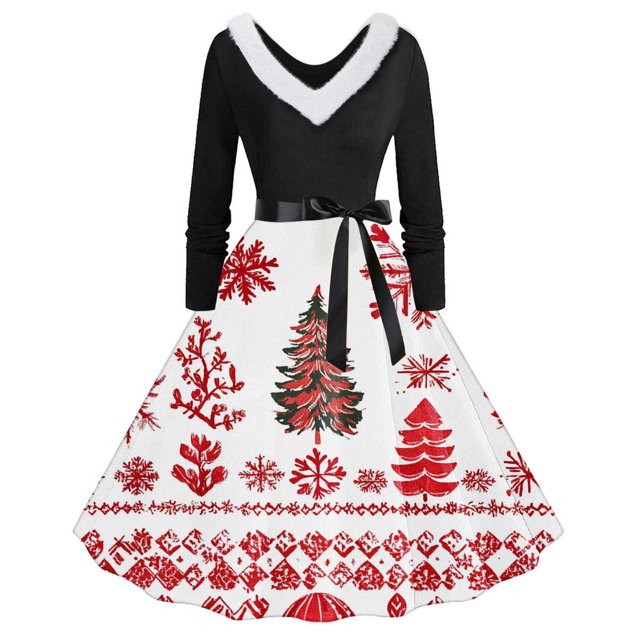 TIMIFIS Robes de Noël pour Femmes Imprimé de Noël Laid Robes Ligne A Robe de Bal Col en V Manches Longues Plissée Rétro