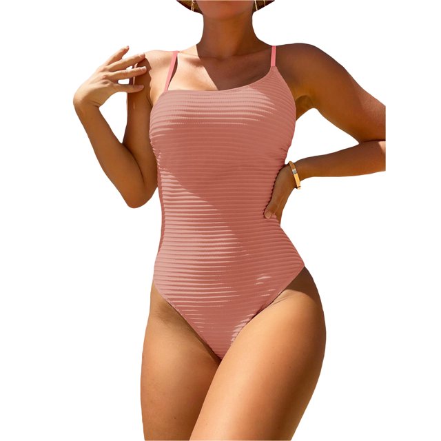 Kmbangi Women's Summer Swimsuit Spaghetti Strap Solid Color Textured One Piece Bathing Suit