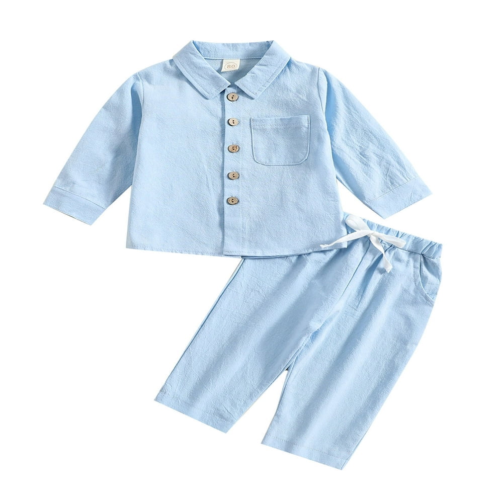 POINTERTECK Toddler Baby Boy Cotton Linen Pants Set Solid Color Long Sleeve Button Down T-Shirt Tops Pants Fall Clothes Outfit