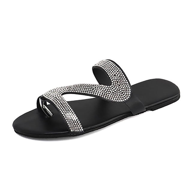 yulier Women's Rhinestone Flat Sandals Flat Slippers Strappy Slip On Open Toe Slide Sandals Plus-size Flip Flops Dressy Thong Sandals