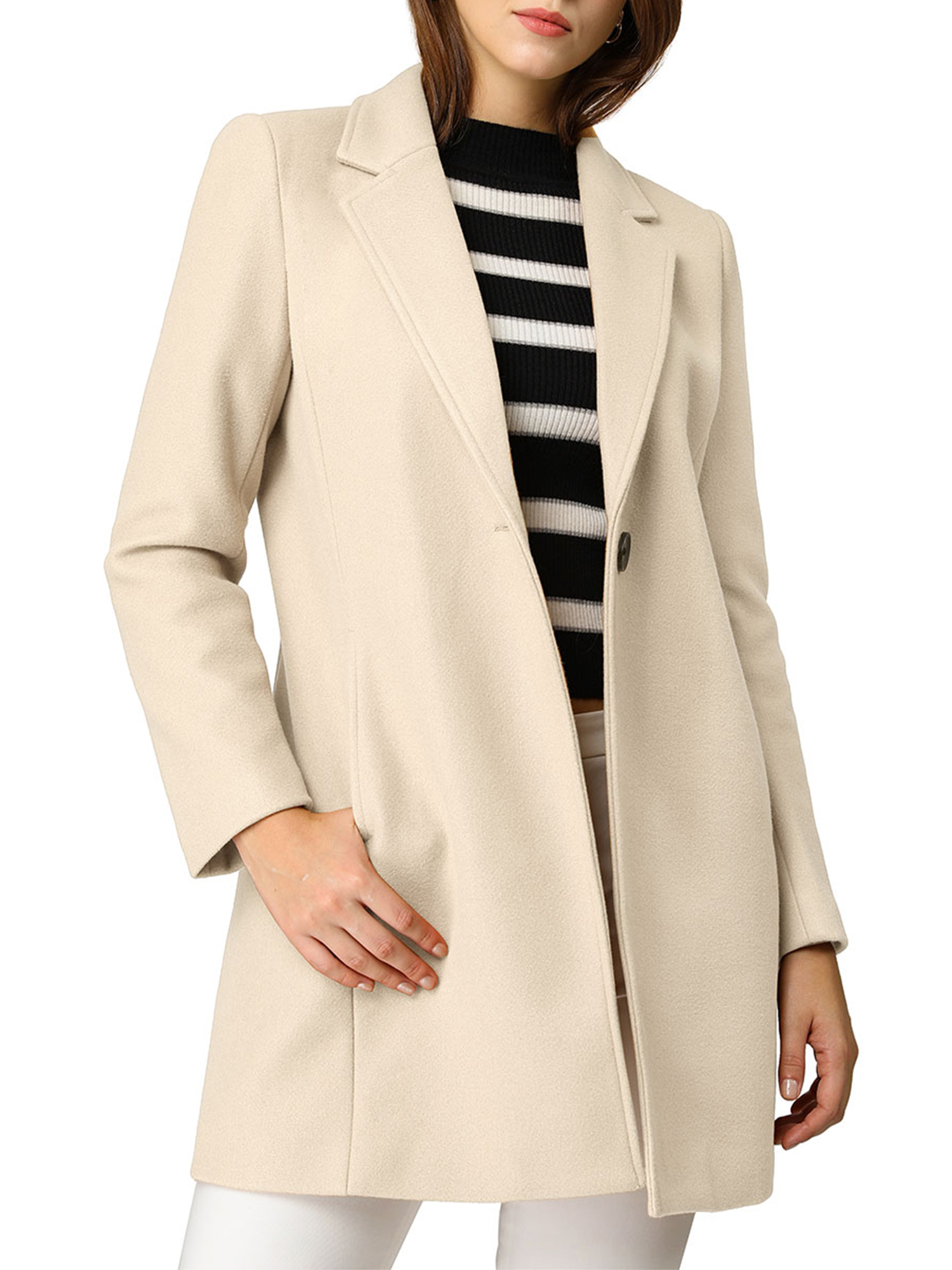 INSPIRE CHIC Manteau Long Classique pour Femme à Revers Cranté, Manches Longues, m Beige