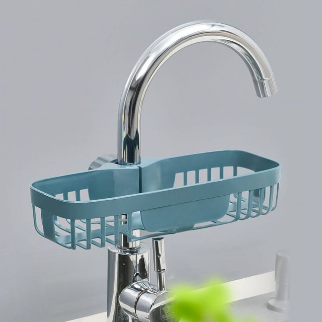 Oleegame 1PC Shower Soap Dish With Hook Sink Sponge Rack Stand Kitchen Faucet Storage Rack Sponge And Towel Rack Drain Basket Home Kitchen Cleaning Tools Blue
