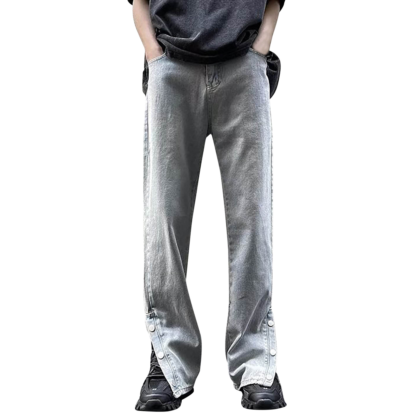 Ketyyh-chn99 Boot Cut Jeans Men 2024 Fashion Loose Trousers Solid Casual Multiple Pockets Outdoor Straight Type Fitness Pants Blue,S