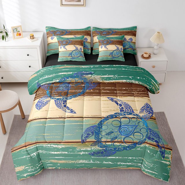 YST Turtle Print King Comforter Set, 7-Piece, Ocean Sea Theme, Marine Wildlife, Bedding Set, King