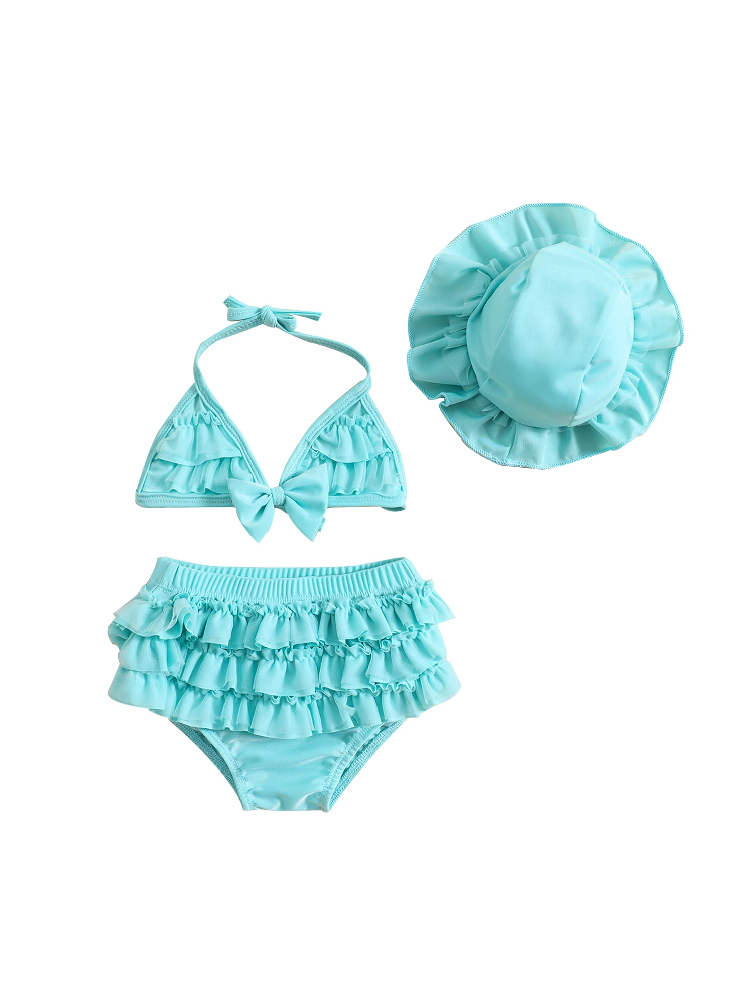 Gupgi 3Pcs Baby Girl Bikini Set 6 12 18 24 Months Infant Solid Color Swimsuits Halter Triangle Tops+Ruffle Bottoms+Sun Hat Bathing Suit Swimwear