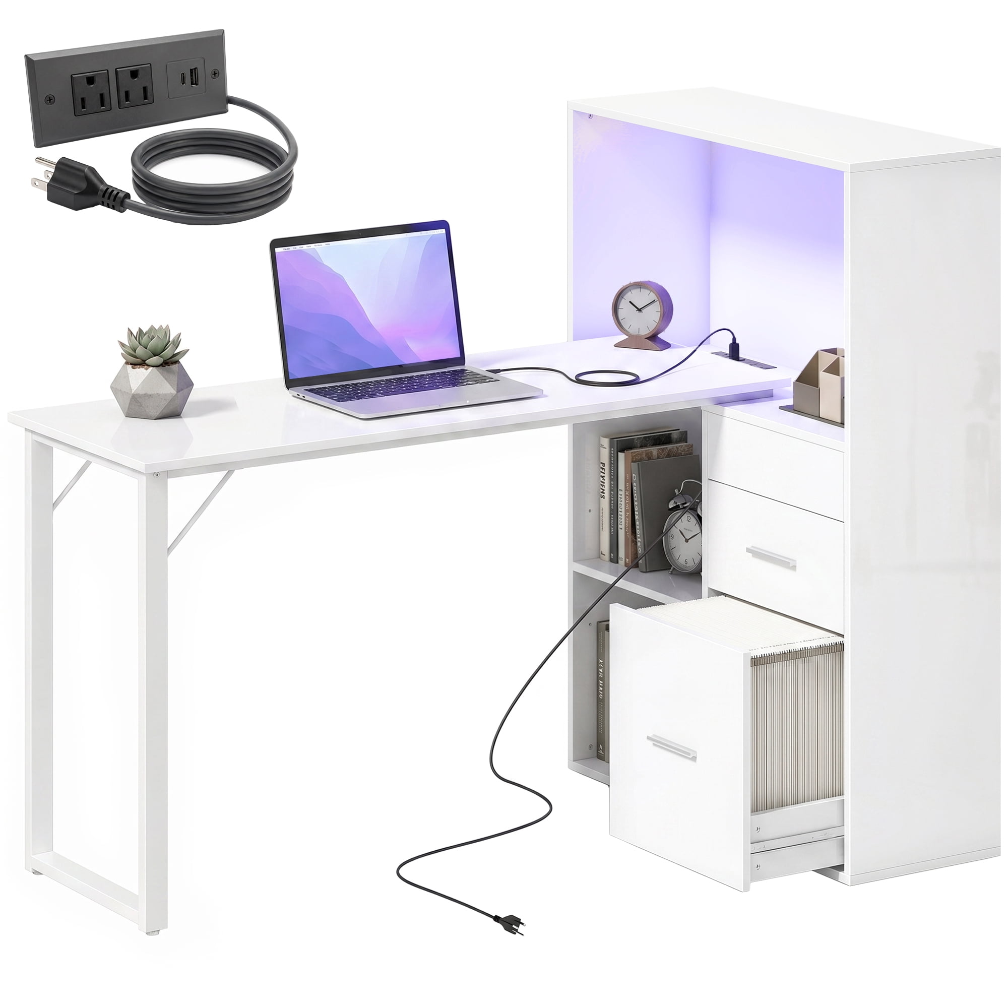 HOMCOM 54" Computer Desk, Home Office Desk with Power Outlets & LED Lights